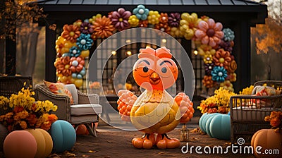 Thanksgiving inflatable turkey and pumpkins front yard display, exterior home decor Stock Photo