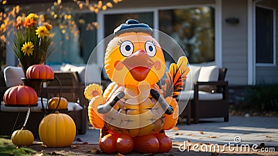 Thanksgiving inflatable turkey and pumpkins front yard display, exterior home decor Stock Photo