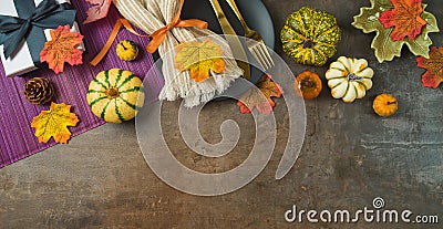 Thanksgiving party banner concept with plate, pumpkin and autumn leaves on dark background. Top view, flat lay Cartoon Illustration