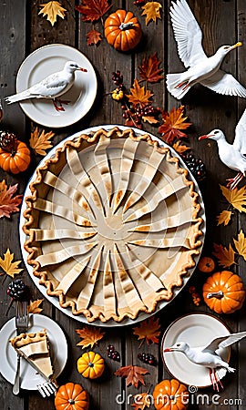 Thanksgiving Pie On A Wooden Jetty With Seagulls Overhea. Generative AI Stock Photo
