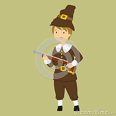 Thanksgiving Pilgrim Boy Carrying a Rifle Vector Illustration