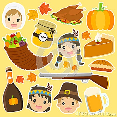 Thanksgiving Characters and Items Cartoon Vector Set Vector Illustration