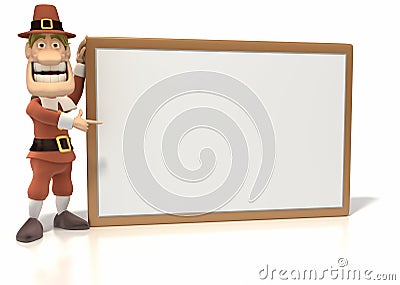 Thanksgiving Pilgrim Pointing at Blank Sign Stock Photo