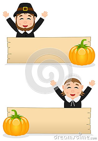 Thanksgiving Pilgrims & Wooden Banner Vector Illustration