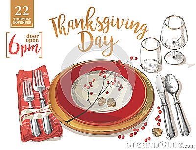 Thanksgiving poster template forks, knives, spoons, empty plate wine glass. Vector Illustration