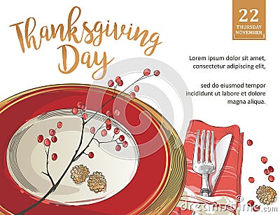 Thanksgiving poster template forks, knives, spoons, empty plate wine glass. Vector Illustration