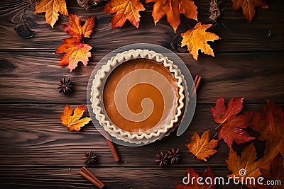 Thanksgiving Pumpkin Pie on a Wooden Table in a Cozy Atmosphere. Generative AI Stock Photo