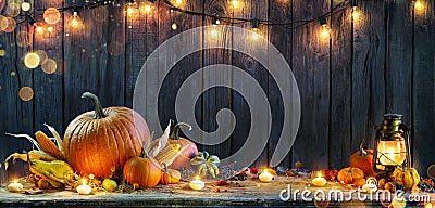 Thanksgiving - Pumpkins On Rustic Table Stock Photo