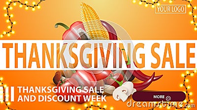 Thanksgiving sale and discount week, creative discount banner with autumn harvest behind the police tape Vector Illustration