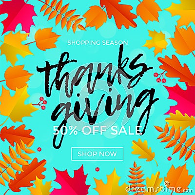 Thanksgiving autumn sale poster fall discount promo shop offer vector background design Vector Illustration