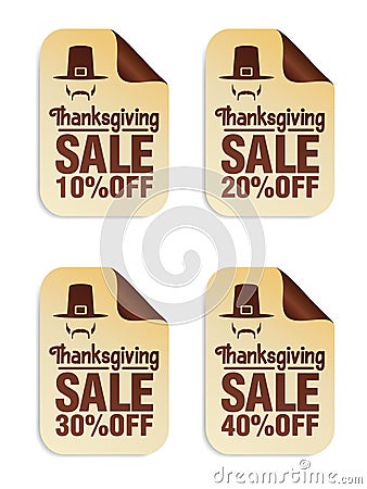 Thanksgiving sale stickers set 10%, 20%, 30%, 40% off with pilgrim icon Vector Illustration