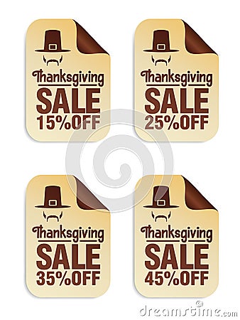 Thanksgiving sale stickers set 15%, 25%, 35%, 45% off with pilgrim icon Vector Illustration