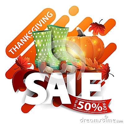Thanksgiving sale, up to 50% off, white square discount banner with large letters, red ribbon, rubber boots, pumpkin, mushrooms Vector Illustration
