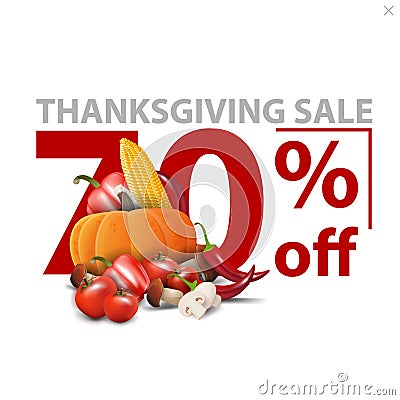 Thanksgiving sale, up to 70% off, white stylish discount banner with large red numbers with autumn harvest Vector Illustration