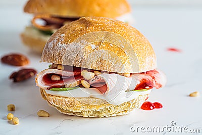 Thanksgiving sandwich with turkey, nuts and cranberries, white background Stock Photo