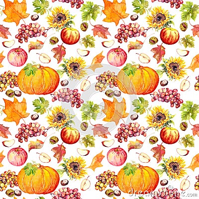 Thanksgiving seamless background. Fruits, vegetables - pumpkin, autumn leaves. Watercolor Stock Photo