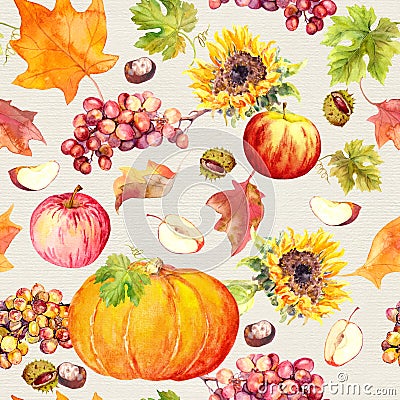 Thanksgiving seamless background. Fruits, vegetables - pumpkin, autumn leaves. Watercolor Stock Photo