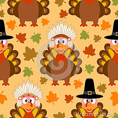 Thanksgiving seamless background with funny turkey Vector Illustration