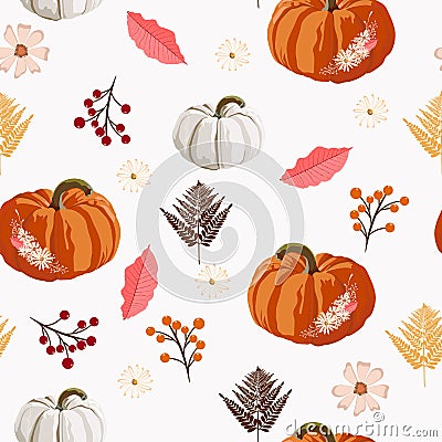 Thanksgiving seamless background - leaves, berries and pumpkin pattern. Cartoon Illustration