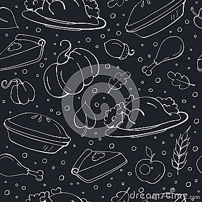 Thanksgiving seamless pattern on chalkboard. Vector pattern with pumpkins, turkey, pie, apple and acorn. Thanksgiving pattern for Stock Photo