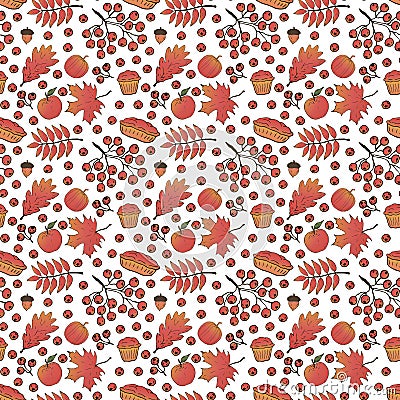 Thanksgiving seamless pattern. Pumpkin, muffins, pies, branches and berries of mountain ash, apples, acorns, leaves of mountain a Vector Illustration