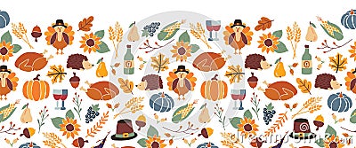 Thanksgiving seamless vector border. Autumn food roast turkey corn wine pumpkin family dinner greeting card repeating Vector Illustration