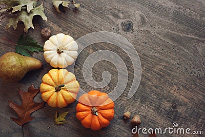 Thanksgiving season still life with colorful small pumpkins, acorns, fruit and fall leaves over rustic wood background Stock Photo