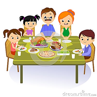 Thanksgiving set, isolated happy family at the dinner table eat turkey drink wine. Mother father with childrens Vector Illustration