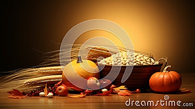 thanksgiving still life with corn pumpkins and wheat Stock Photo