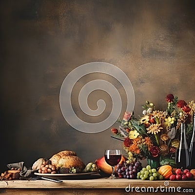 thanksgiving still life with fruit and flowers on a wooden table Stock Photo