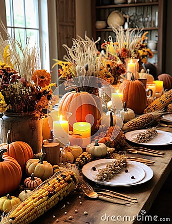 a thanksgiving table decorated with pumpkins and candles Stock Photo