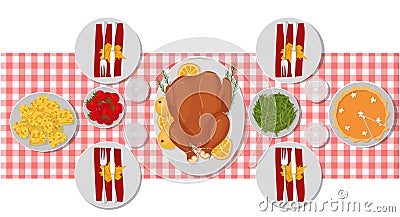 Thanksgiving table festive turkey dinner. Top view served table. Vector illustration, eps 10 Vector Illustration