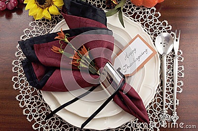 Thanksgiving table setting with lace doily place setting - aerial Stock Photo