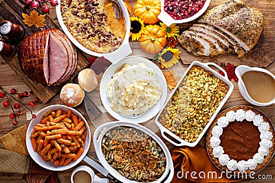 Thanksgiving table with turkey and sides Stock Photo
