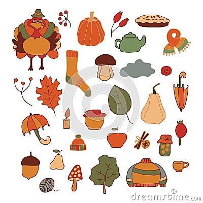 Thanksgiving theme set of items and symbols autumn. Colorful, bright vector handmade . All objects are separated. Vector Vector Illustration