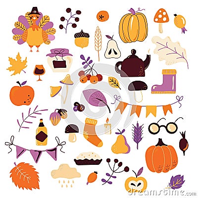 Thanksgiving theme set of items and symbols autumn. Colorful, bright vector handmade . All objects are separated. Vector Vector Illustration