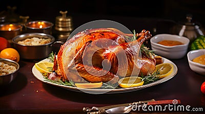 thanksgiving with traditional food like baked turkey Stock Photo