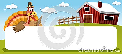 Thanksgiving Turkey with Banner in Farmland Vector Illustration