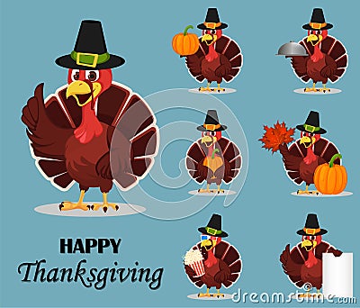 Thanksgiving turkey bird wearing a Pilgrim hat and holding different things. Vector Illustration