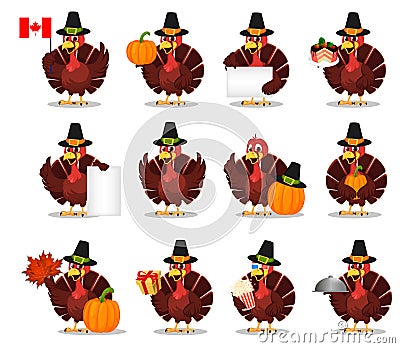 Thanksgiving greeting card with a turkey bird wearing a Pilgrim Vector Illustration