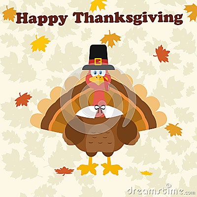 Thanksgiving Turkey Bird Wearing A Pilgrim Hat Under Happy Thanksgiving Text Stock Photo