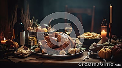 Thanksgiving Turkey dinner. Rustic table setup with wine bottle and glasses. Candlelit dinner background. Stock Photo