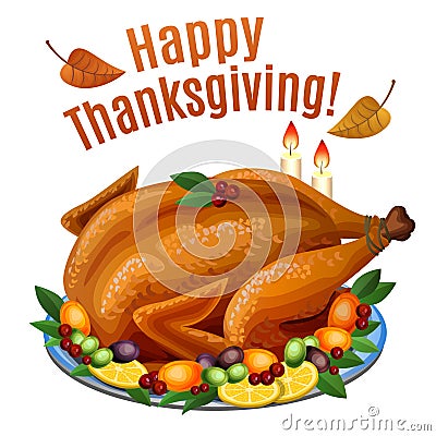 Thanksgiving Turkey on platter with garnish, roast turkey dinner Vector Illustration