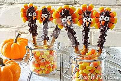 Thanksgiving turkey pretzel sticks with candy corn, still life Stock Photo