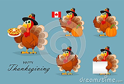 Thanksgiving turkey, set of five poses. Vector Illustration