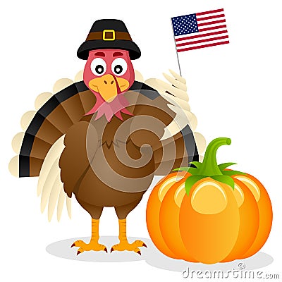 Thanksgiving Turkey USA Flag & Pumpkin Vector Illustration