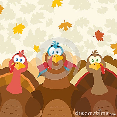 Thanksgiving Turkeys Cartoon Mascot Characters Vector Illustration