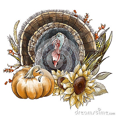 Thanksgiving vintage illustration. Cute turkey, sunflowers and pumpkin Cartoon Illustration