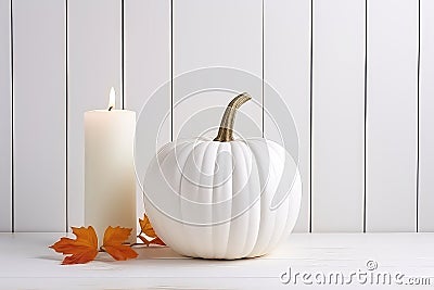 Thanksgiving White Pumpkin And Candle Decorations On White Painted Wood Table, Embodying The Spirit Of Halloween And Thanksgiving Stock Photo