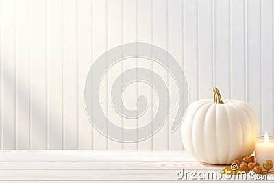 Thanksgiving white pumpkin and candle decorations on a white painted wood table. Halloween, Thanksgiving party concept Cartoon Illustration